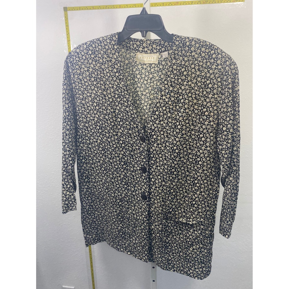 Vintage Express Floral Button Front Blouse Black White Ditsy Print Womens Medium